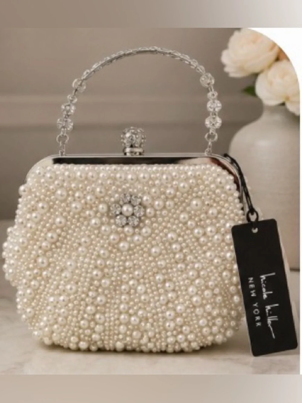 Nicole Miller Pearl-Embellished Ivory Clutch